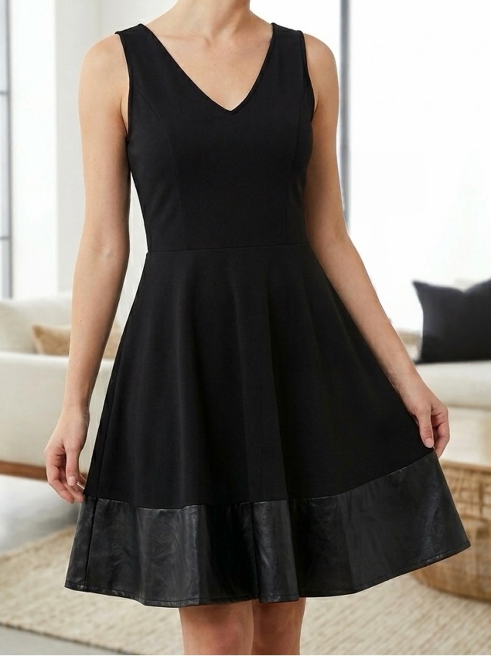 Miami Black V-Neck Skater Dress Faux Leather Trim Hem Fit & Flare Party Mini S